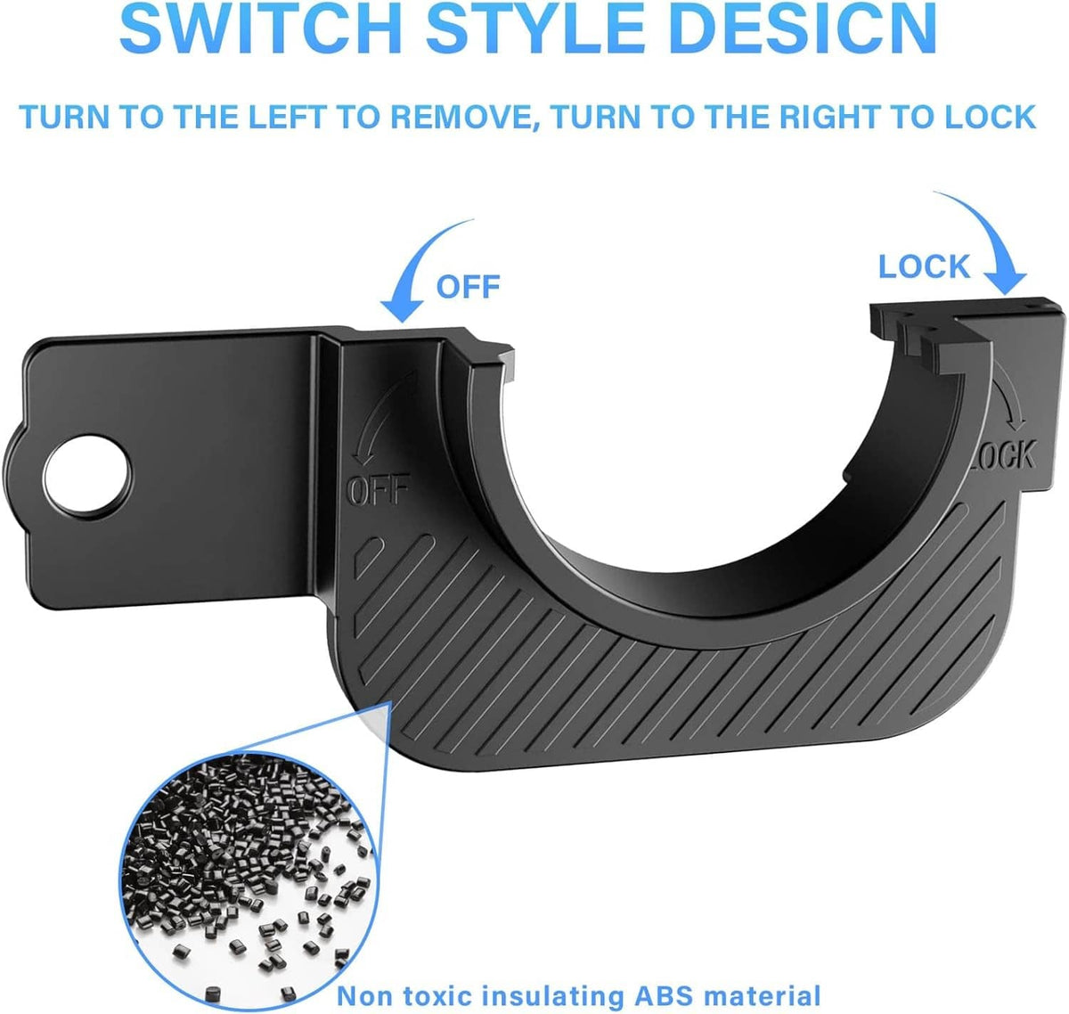 Black plastic gas cap holder trim with OFF/LOCK arrows and ABS material detail