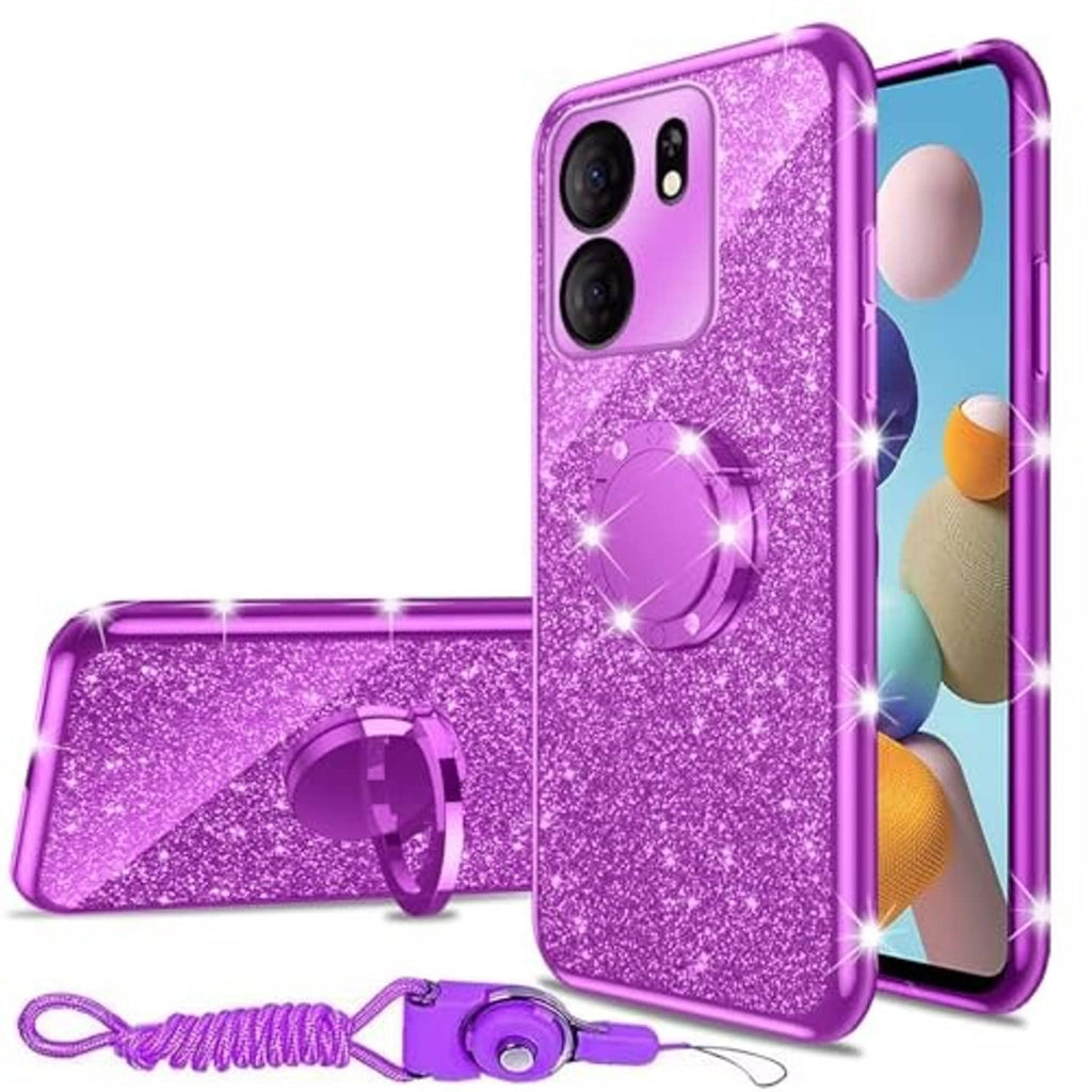 Purple glitter TPU phone case with ring kickstand, camera cutouts, and matching lanyard