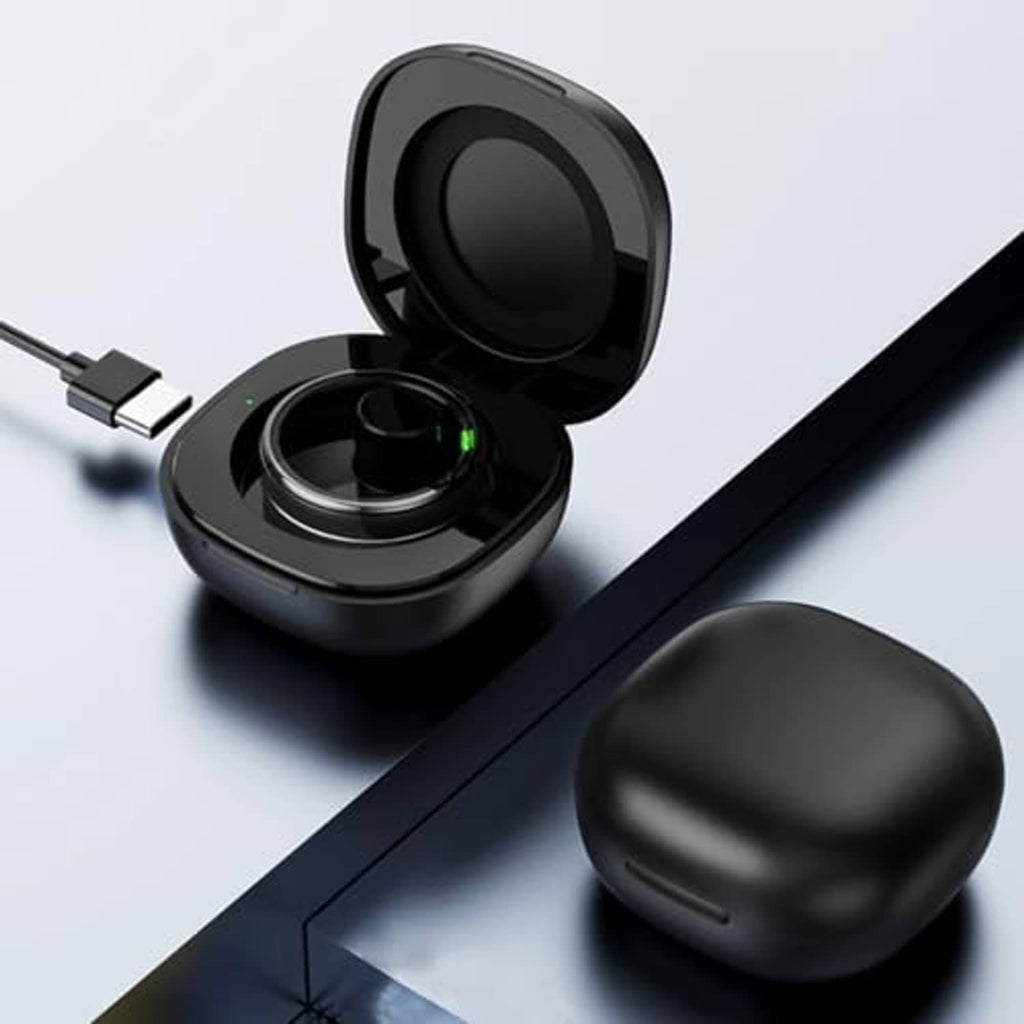 Black charging case with lid open and cable connected, showing a small status light