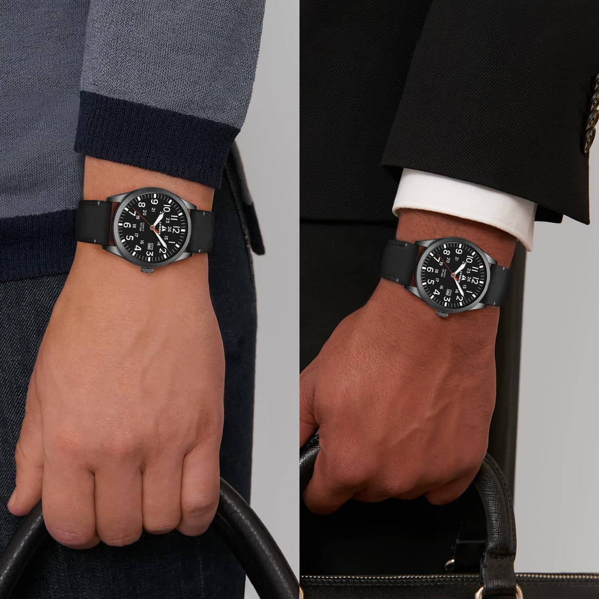 Mens watch on wrist with black dial and black leather strap, worn with dark clothing