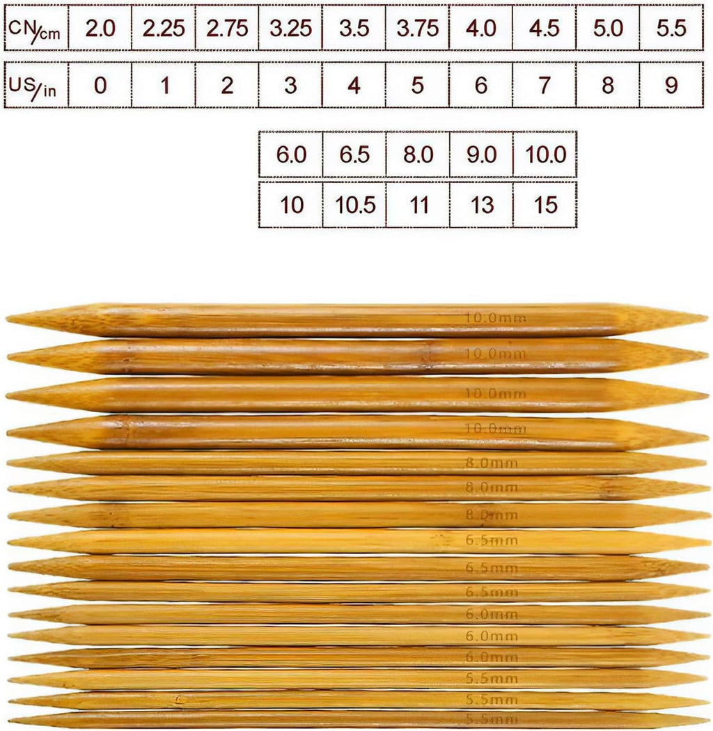 Bamboo double-pointed knitting needles set with size chart and stacked needle tips