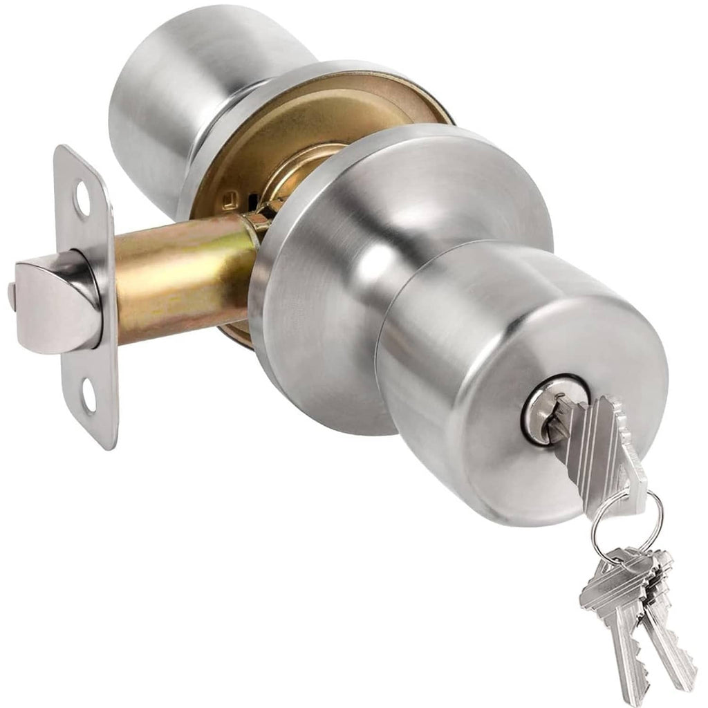 Satin nickel keyed entry door knob lock with keys, round outside and inside knobs