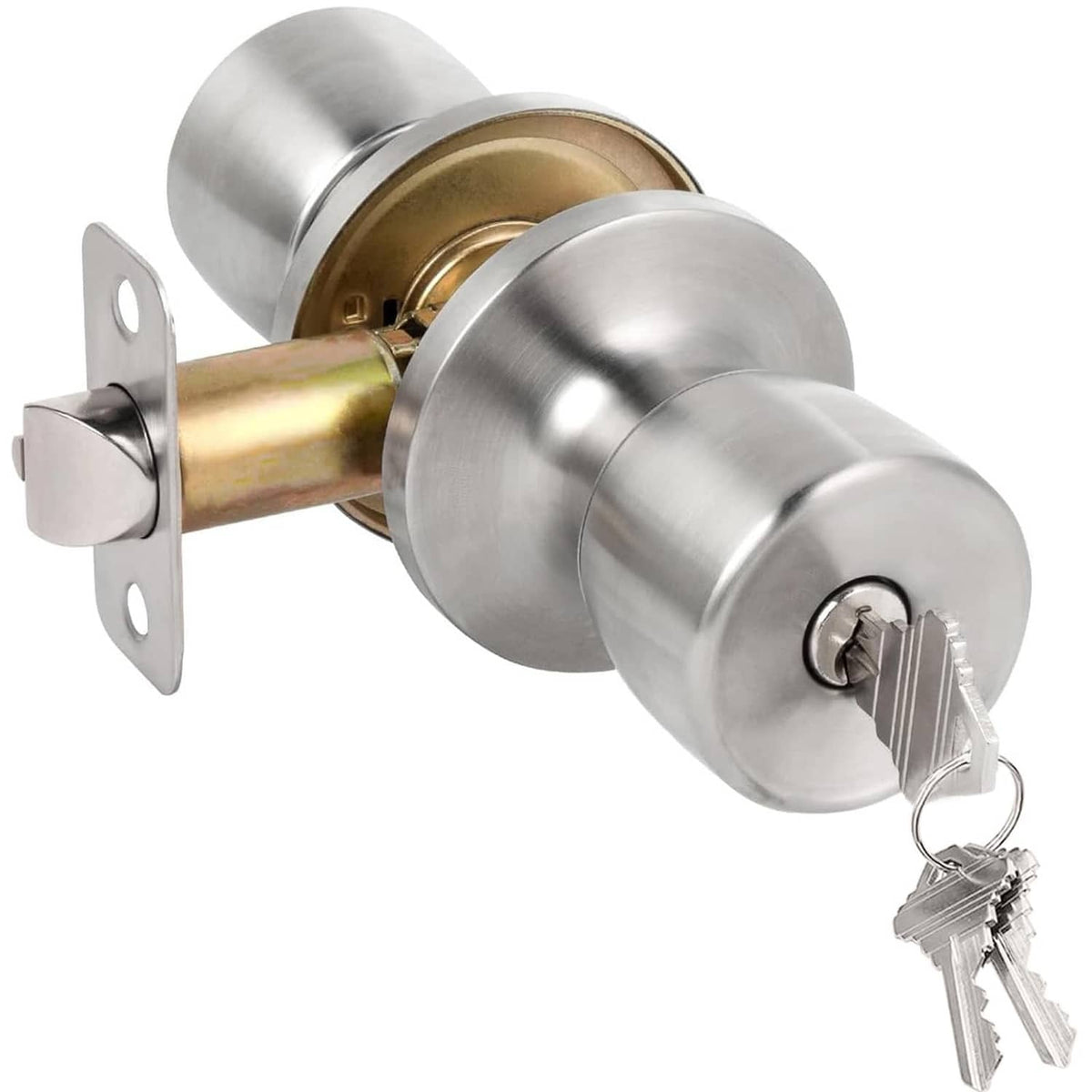 Satin nickel keyed entry door knob lock with keys, round outside and inside knobs