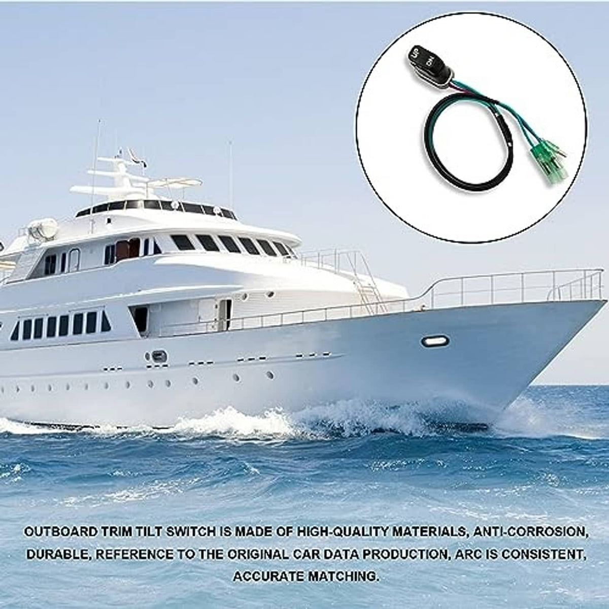 Outboard trim tilt switch with UP/DN rocker, black cable with green connector
