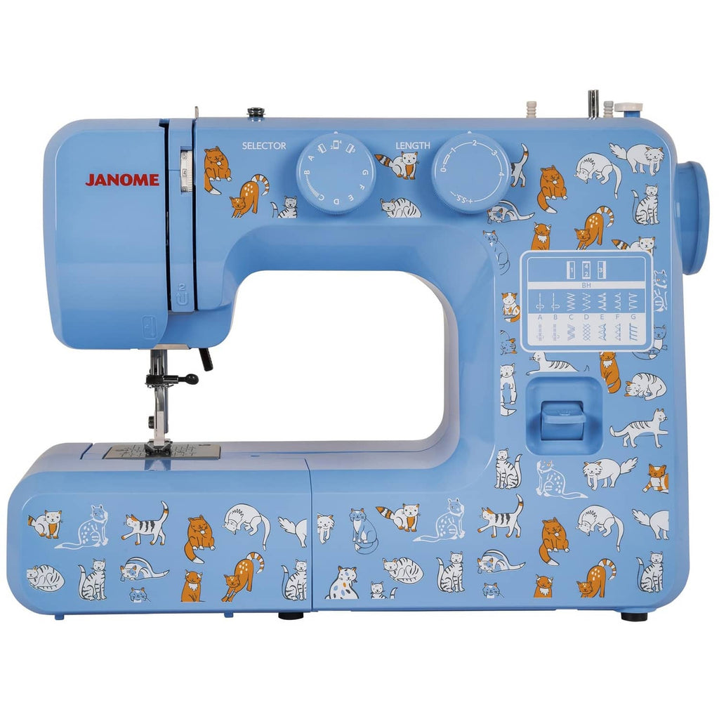 Blue Janome sewing machine with cat-themed decals, front view and needle area visible