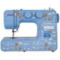 Blue Janome sewing machine with cat-themed decals, front view and needle area visible