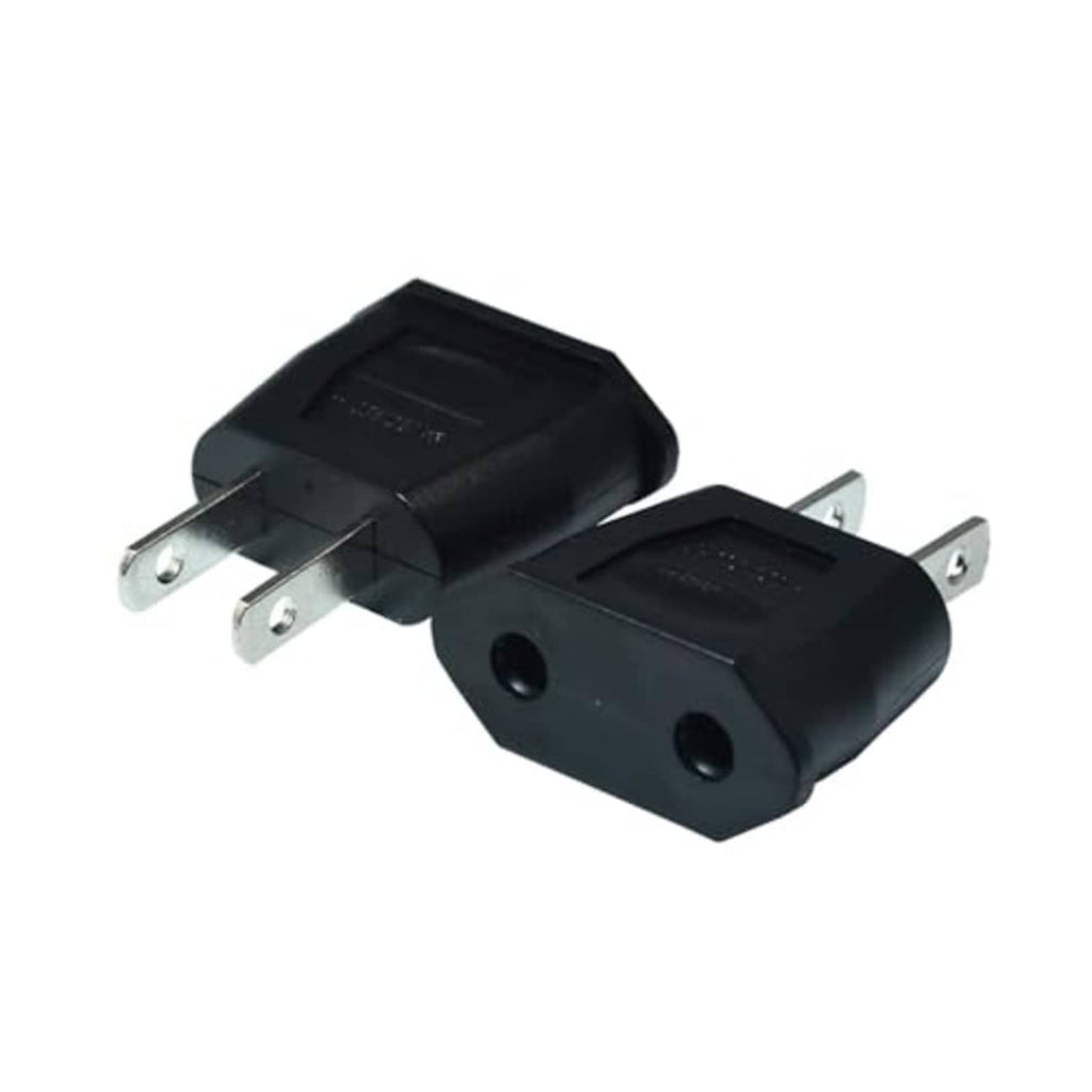Black EU to US travel plug adapter pair with two flat pins