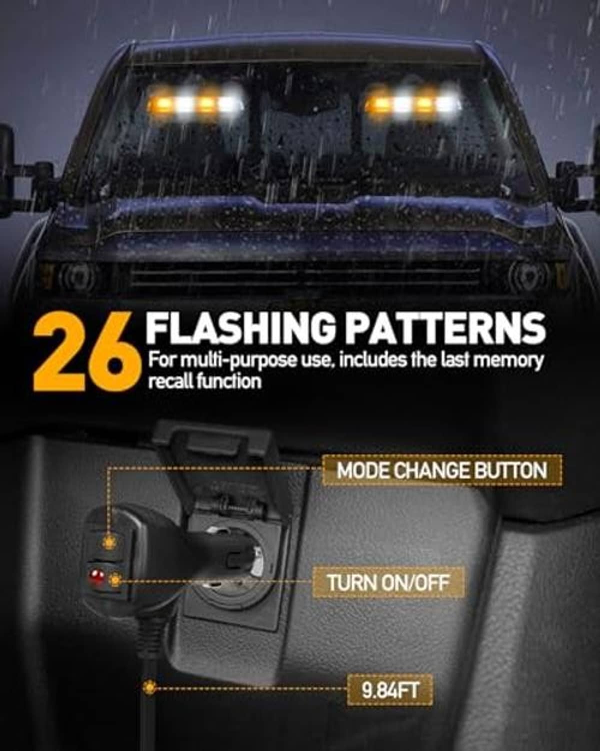 Amber and white emergency strobe light bar showing flashing LED pattern