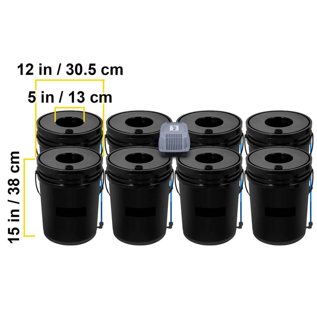 Set of black hydroponic DWC buckets with lids and central air pump unit