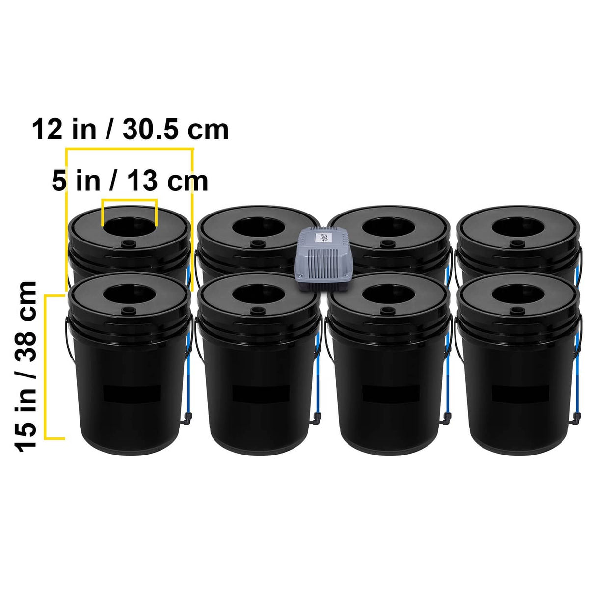 Set of black hydroponic DWC buckets with lids and central air pump unit