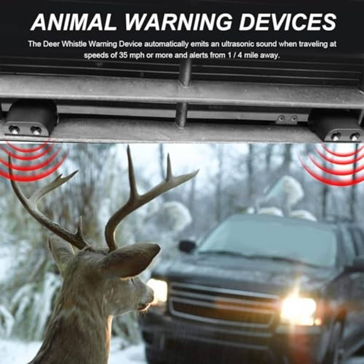 Black deer warning whistle devices mounted on a vehicle grille, set of four.