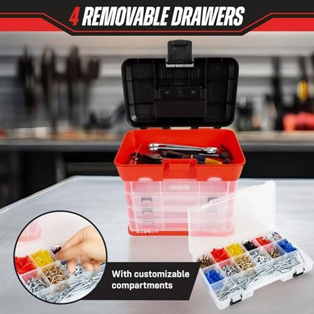 Red tool organizer box with clear drawers, black lid, and removable compartment dividers