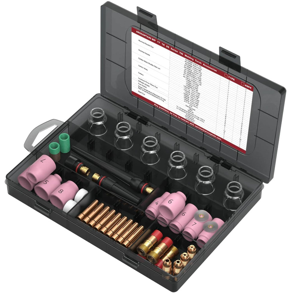 Open TIG welding accessories case with gas lenses, collets, ceramic cups, and nozzles