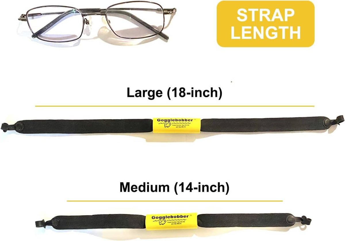 Black elastic sunglass retainer straps in medium and large lengths with yellow label
