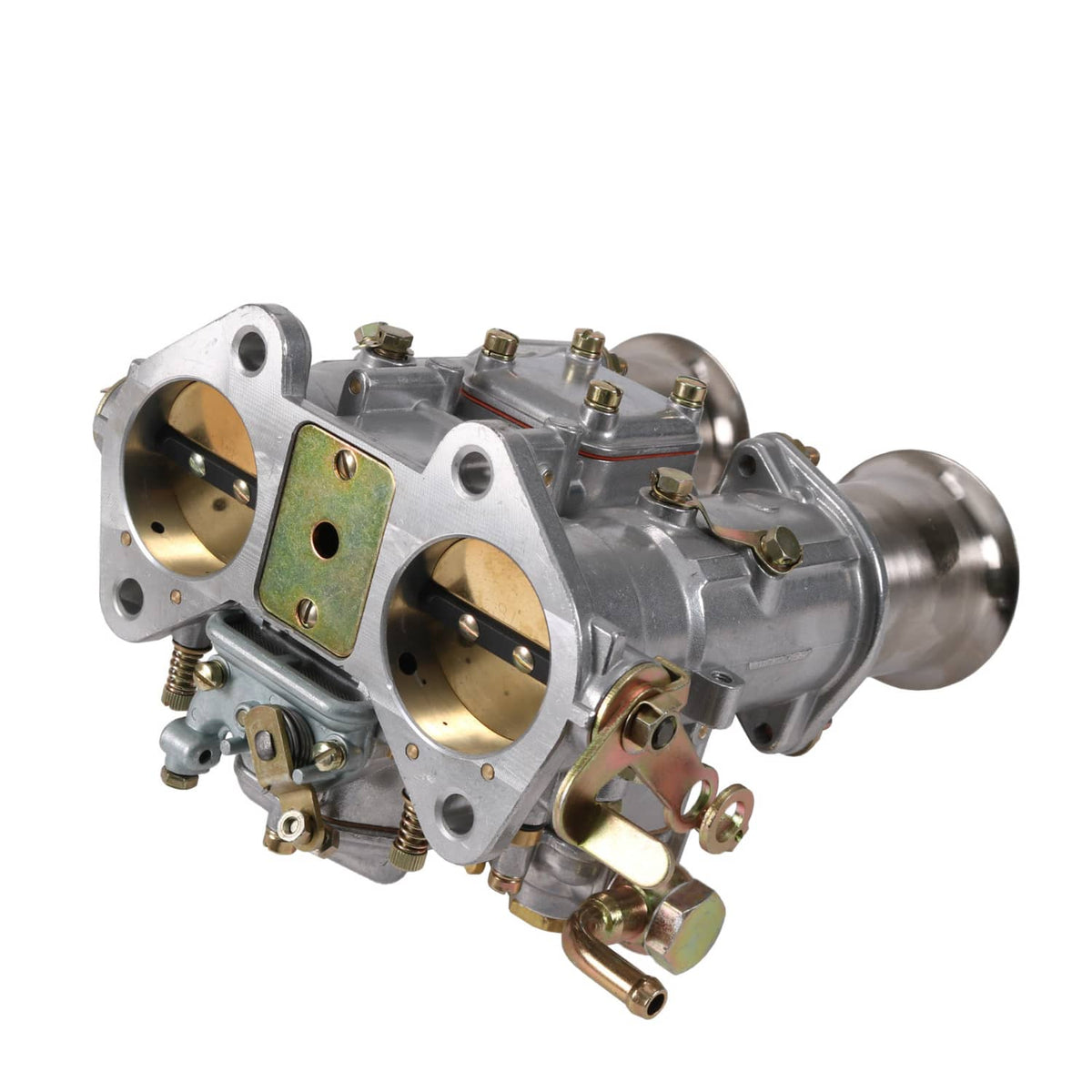 Angled twin-choke carburetor with brass throttle plates and vacuum-style fittings