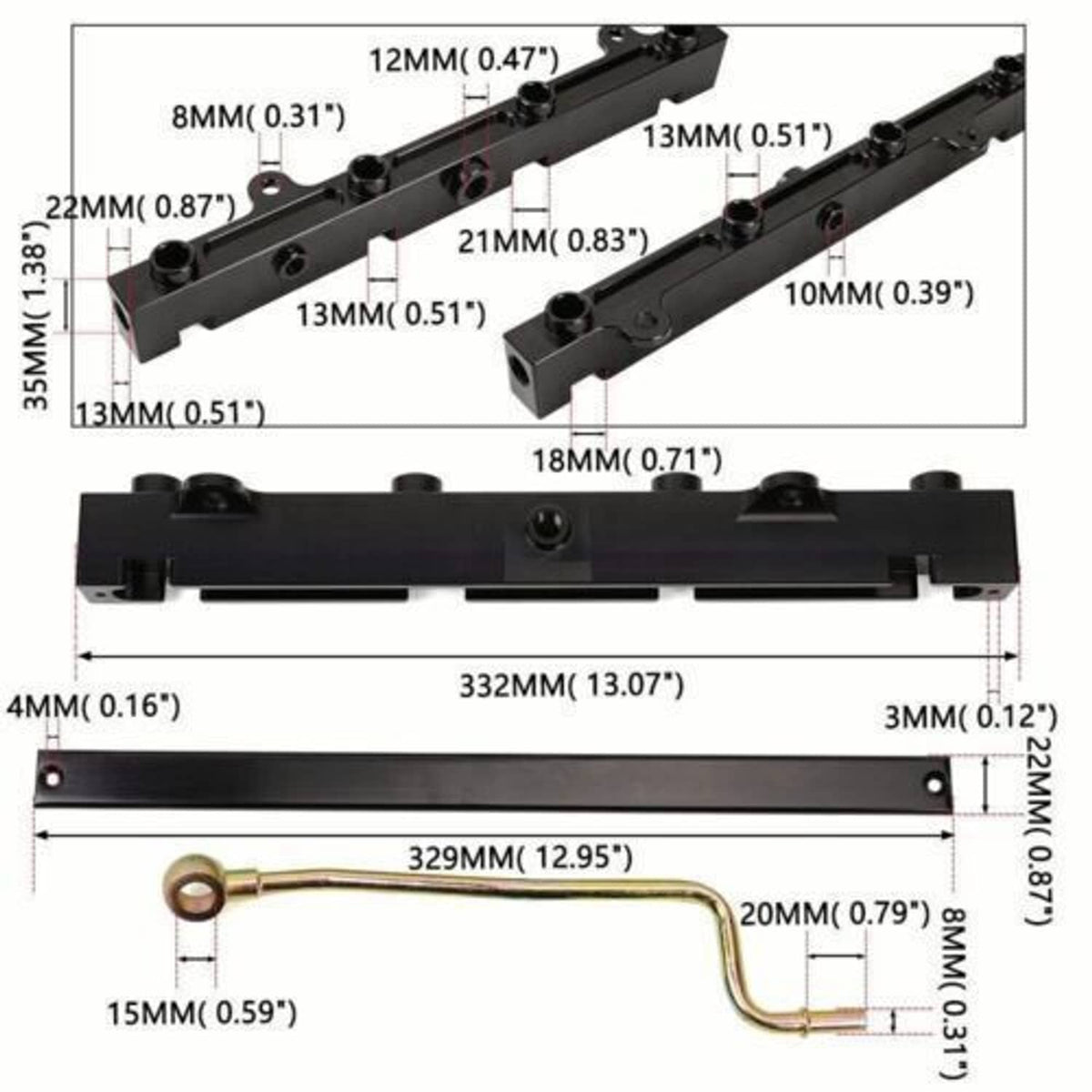 Black fuel rail mounting bracket with multiple threaded ports and size measurements