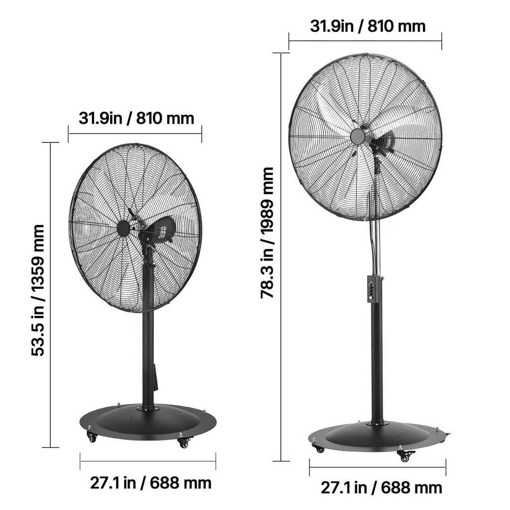 Industrial pedestal fan height and width diagram with two views and measurement labels