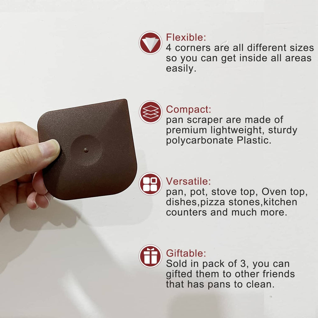 Three brown corner-edge pan scrapers with finger holes, shown with product details
