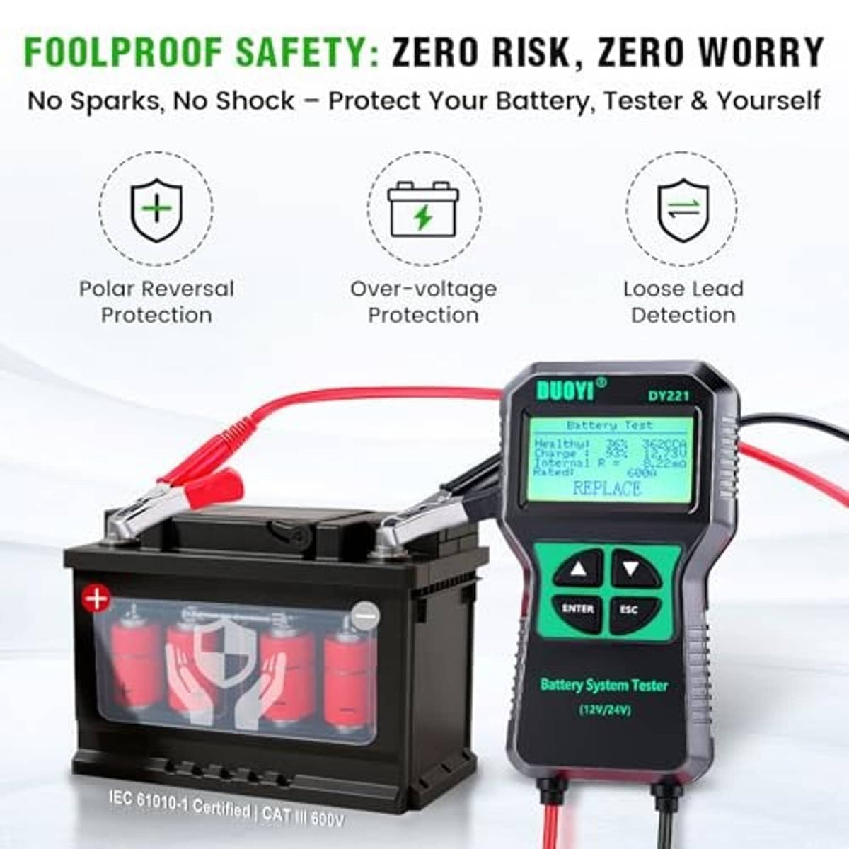 Battery system tester connected with red/black clamps and cable wires