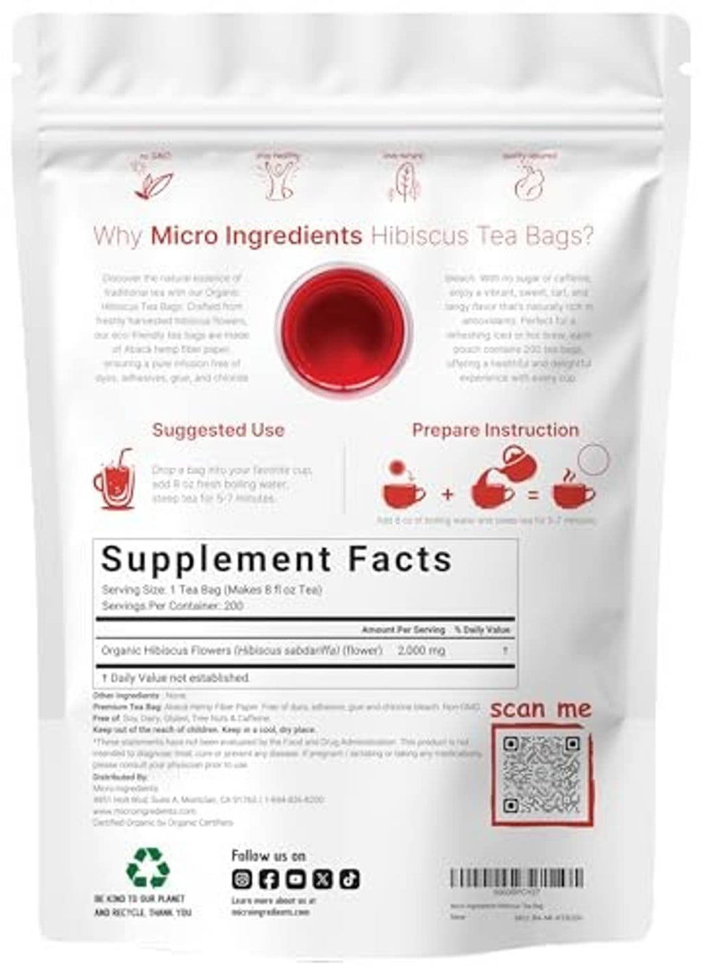 Back of organic hibiscus tea bags pouch with supplement facts and brewed tea cup