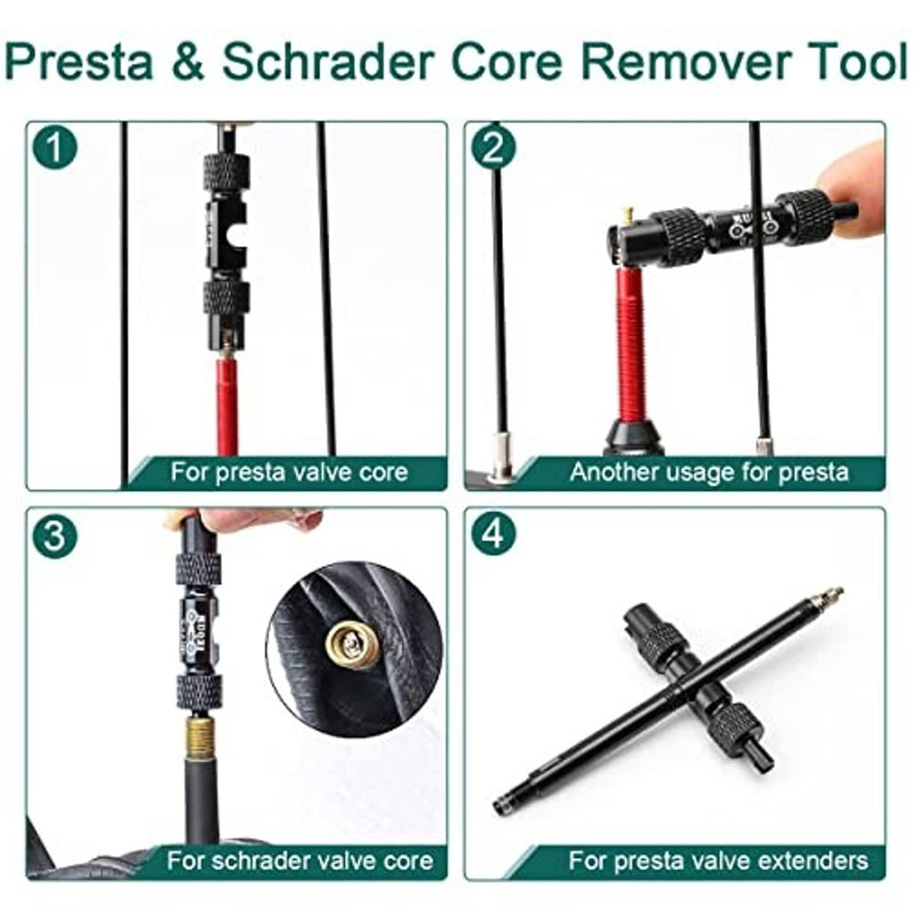 Schrader core removal tool with black handle and red valve stem components