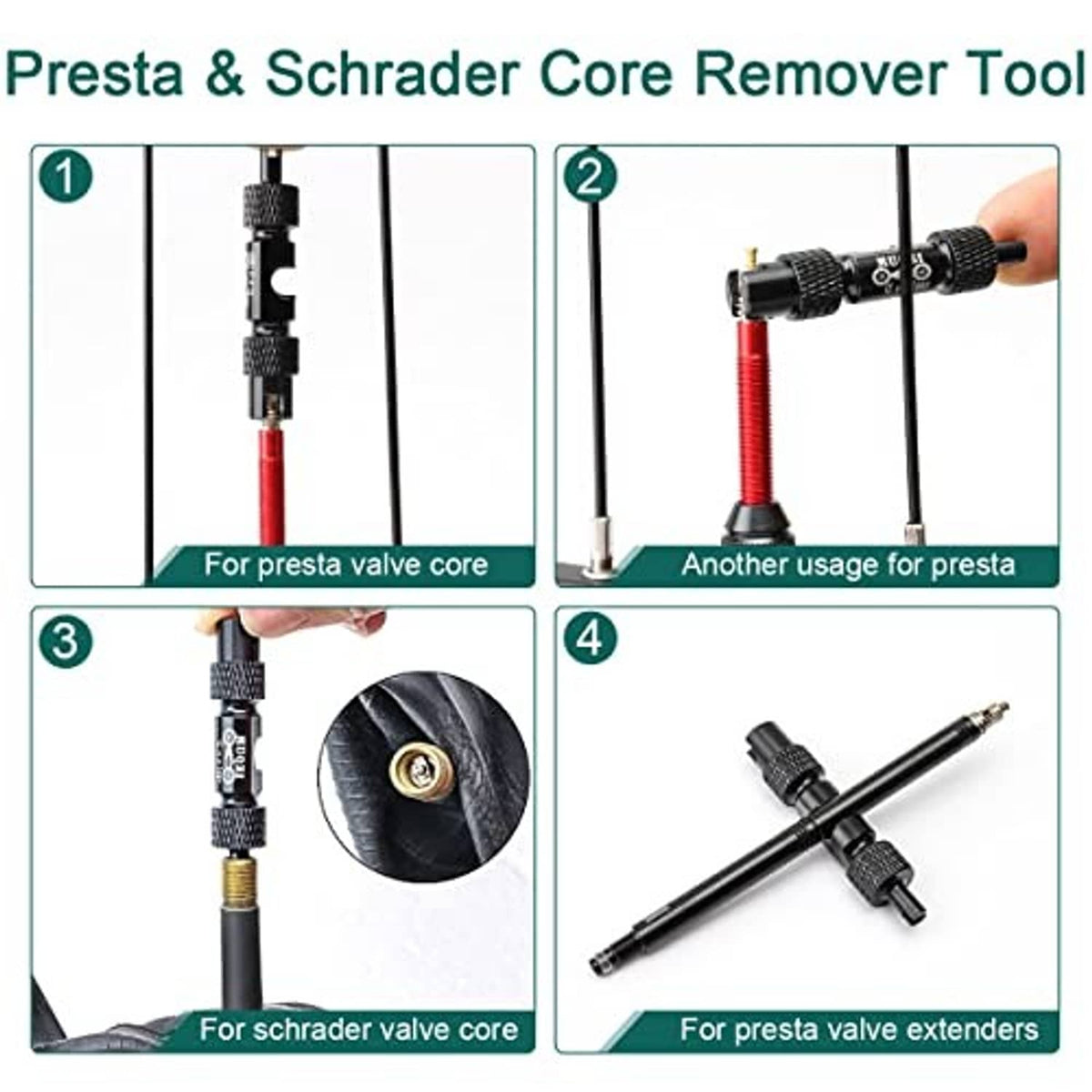 Schrader core removal tool with black handle and red valve stem components