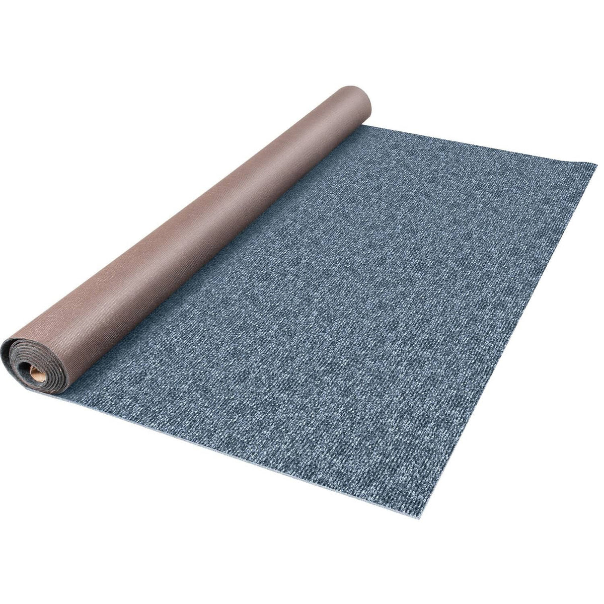 Blue cut-pile rug roll with brown backing, flat laid sheet and coiled roll.