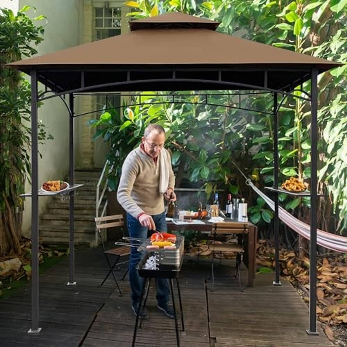 Khaki double-tier gazebo canopy top with dark metal frame, open-sided shelter