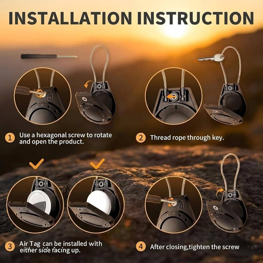 Waterproof lockable AirTag holder installation steps with cable, screw, and key