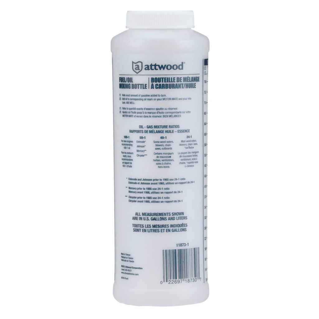 White Attwood wide-mouth fuel and oil mixing bottle with back label and cap