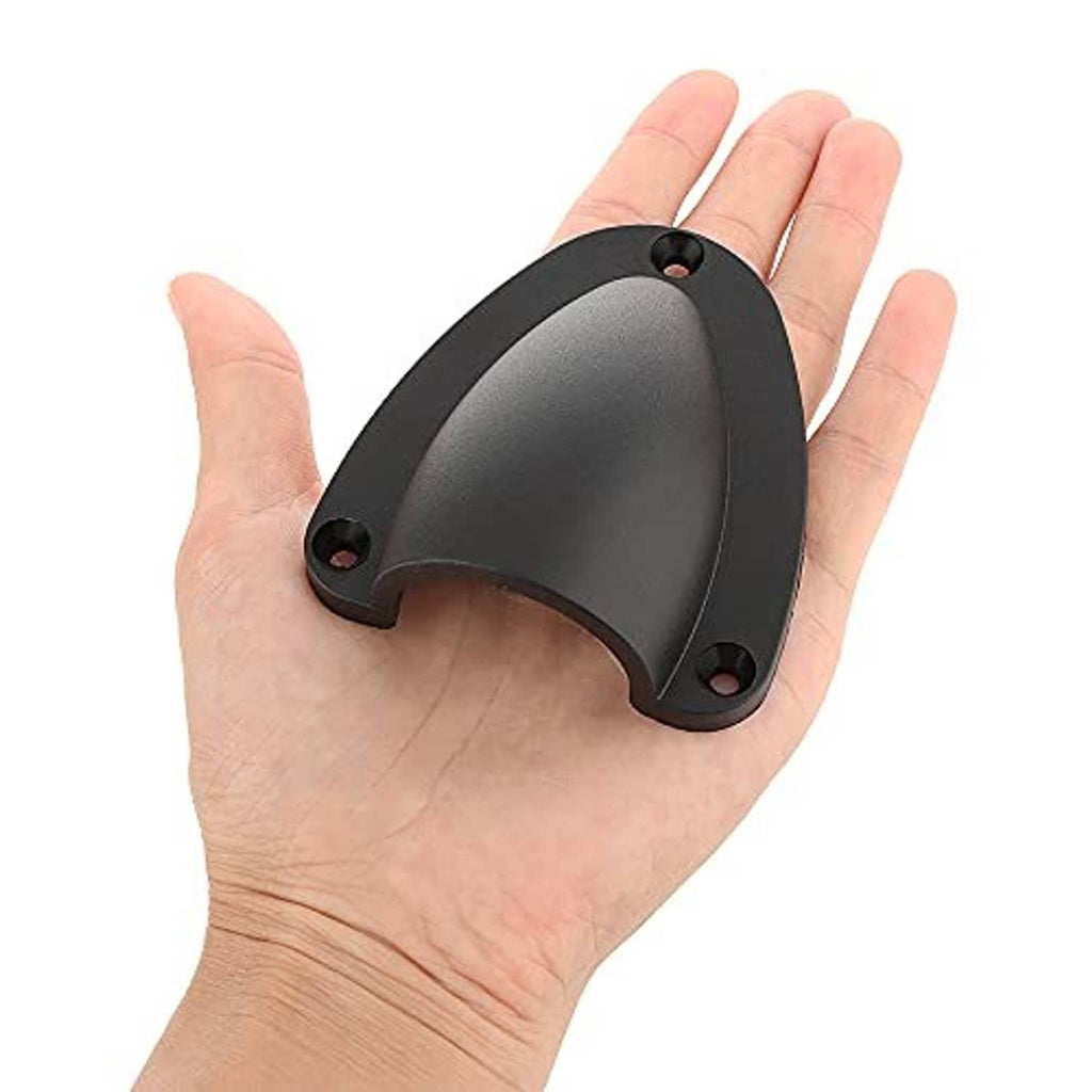Dark gray clamshell vent cover with four screw holes, held in a hand