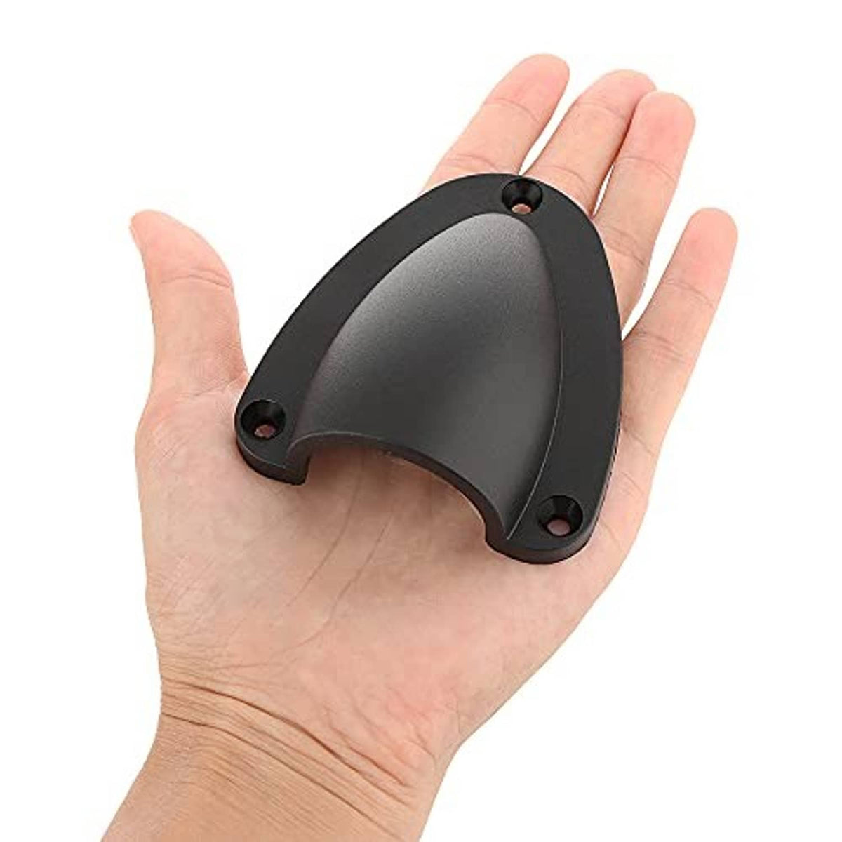 Dark gray clamshell vent cover with four screw holes, held in a hand