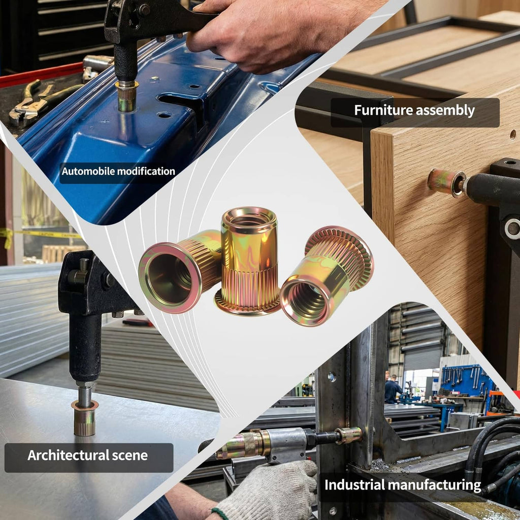 Rivet nuts and threaded inserts close-up with tools and assembly scene