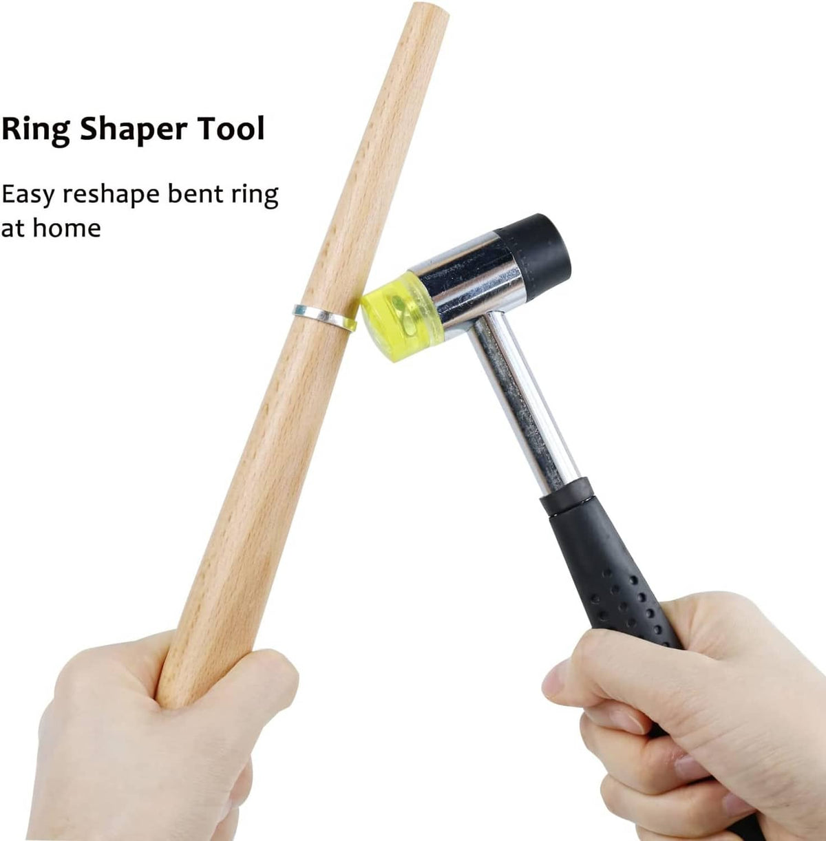 Ring shaper tool with wooden mandrel handle and metal mallet head