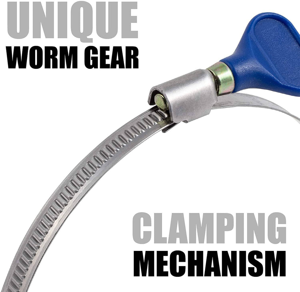 Single stainless hose clamp with blue thumb screw, worm-gear band detail