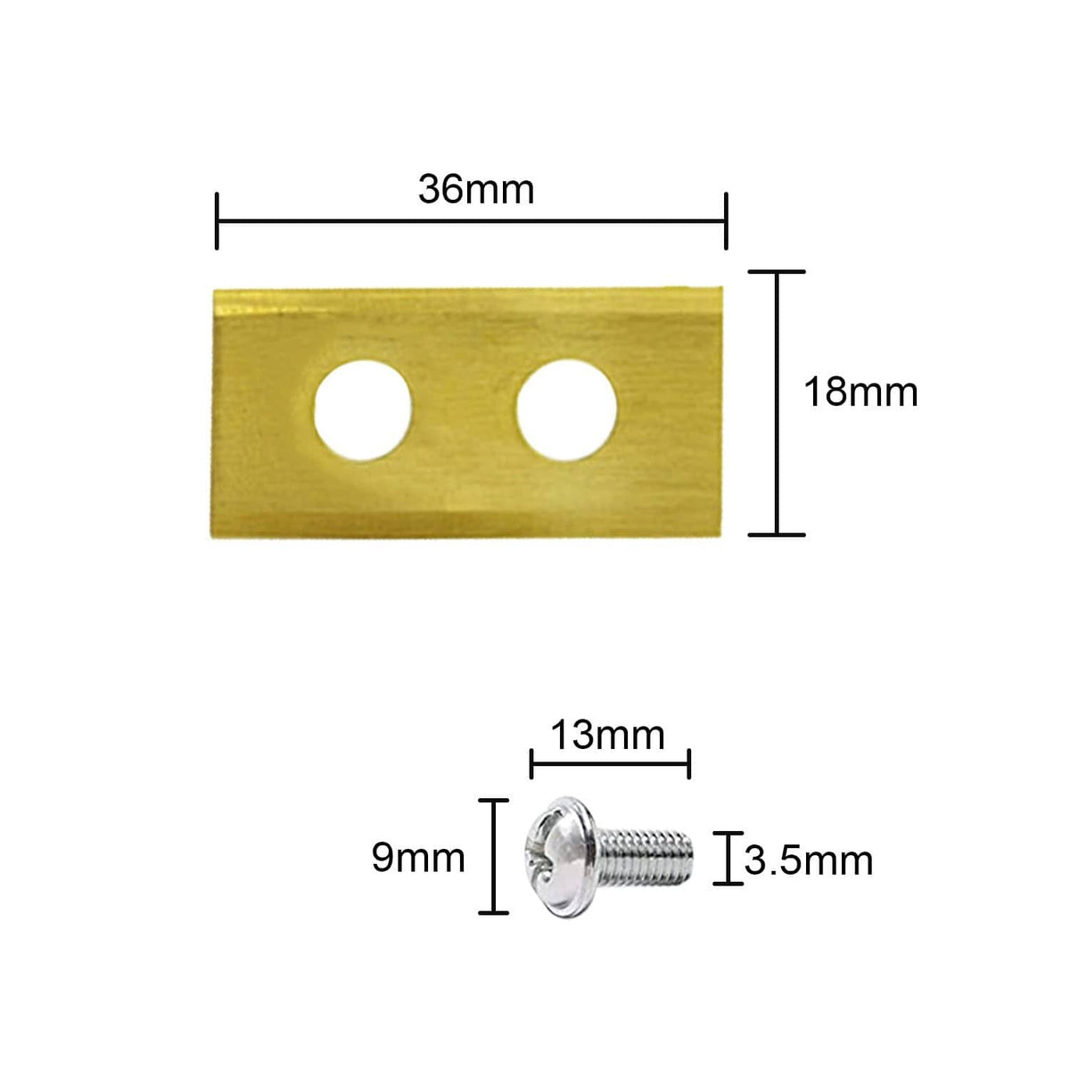 Gold mower blade insert with two holes and matching screw, size details shown