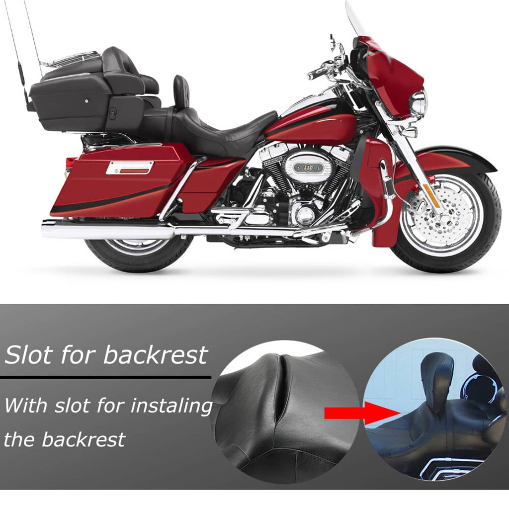 Black motorcycle rider and passenger seat with integrated backrest base and contoured padding
