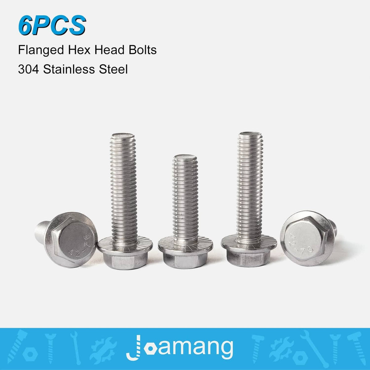 Set of six silver flanged hex head bolts with round flange bases