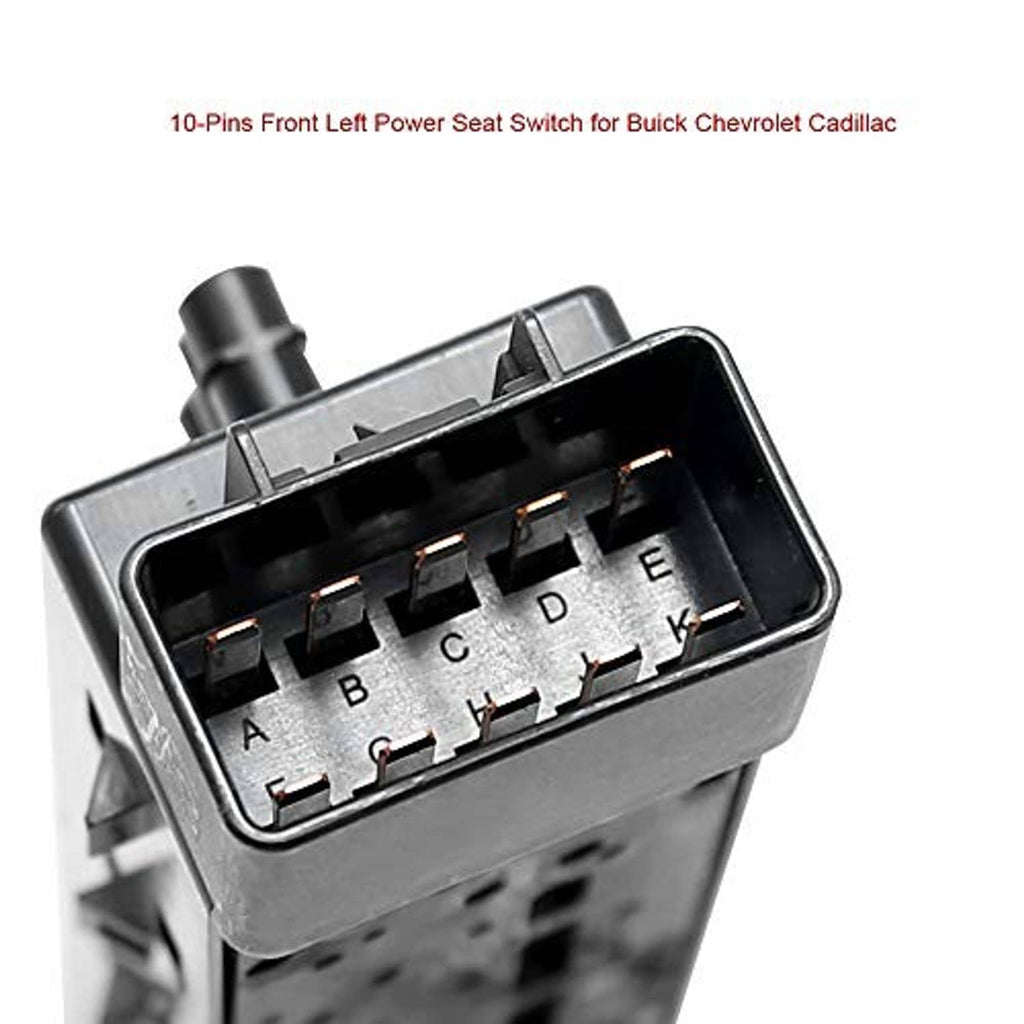 Power seat switch electrical connector with labeled pin cavities, black plastic module