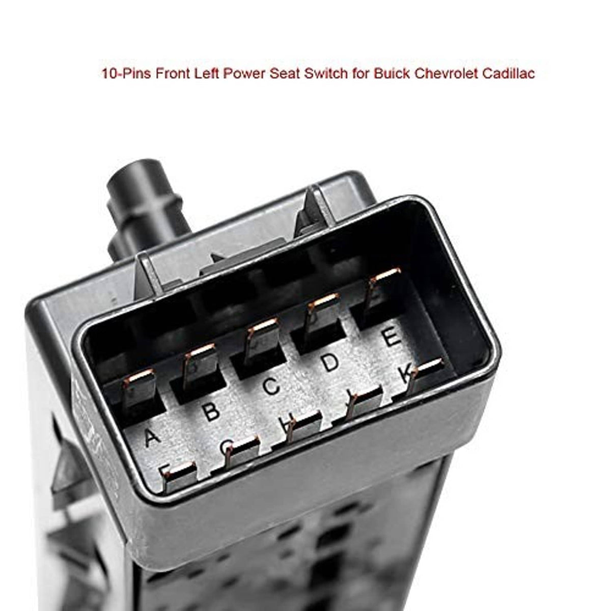Power seat switch electrical connector with labeled pin cavities, black plastic module