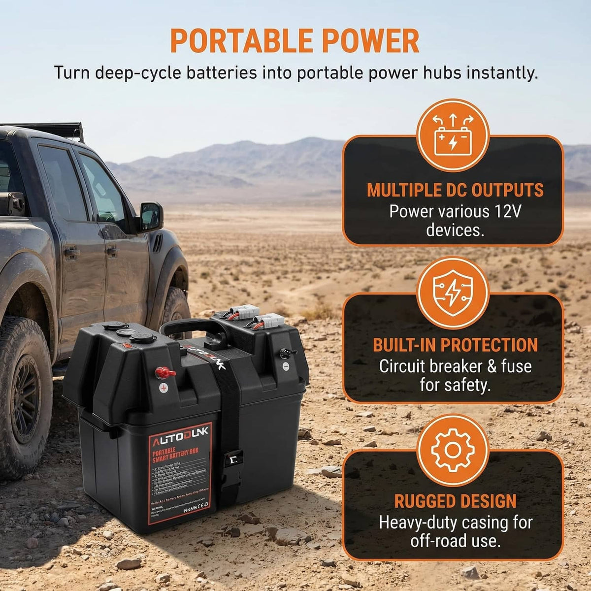 Portable battery power box with rugged casing and multiple DC output connection ports