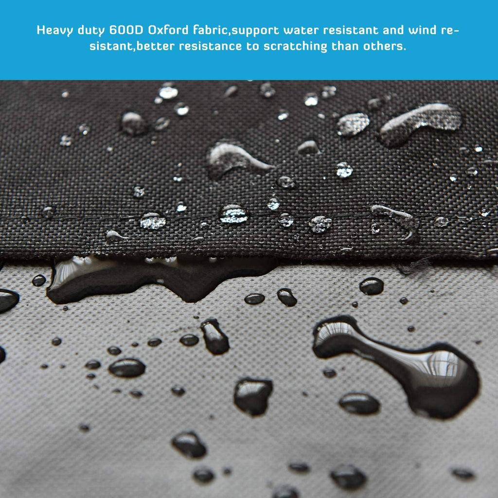 Black water-resistant fabric on a crate cover with visible droplet texture