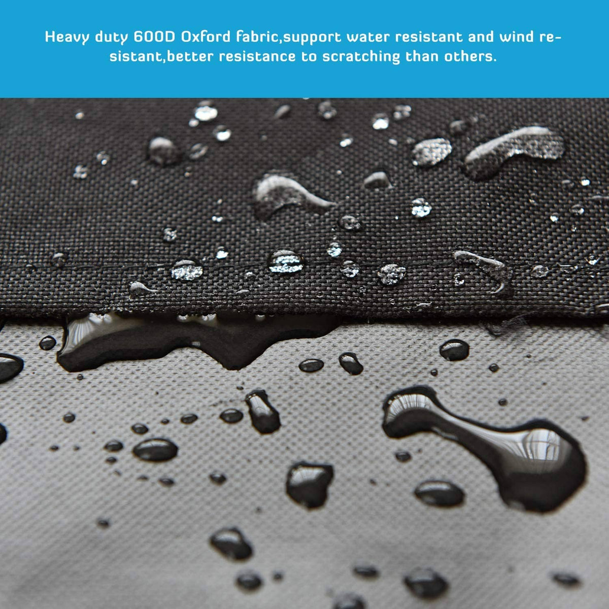 Black water-resistant fabric on a crate cover with visible droplet texture