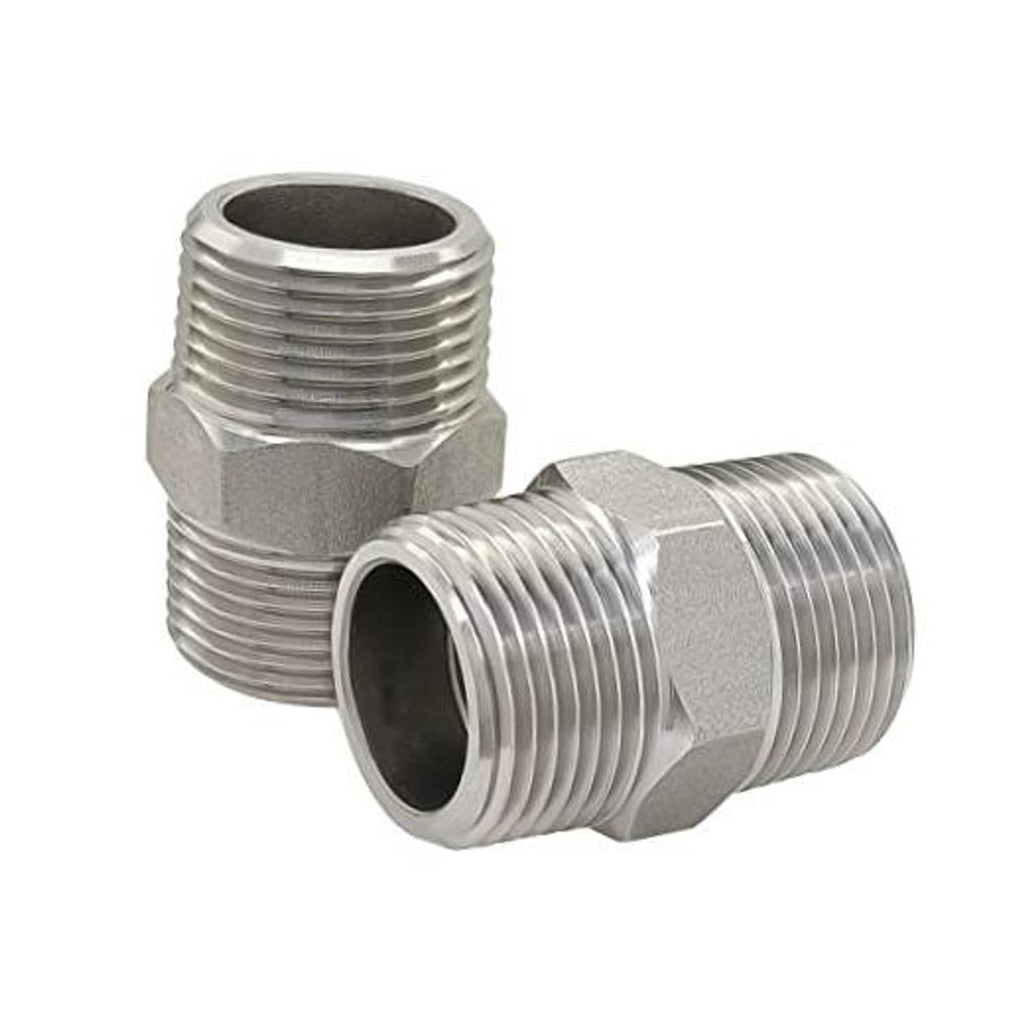Stainless steel male NPT hex nipple fitting with threaded ends, silver tone