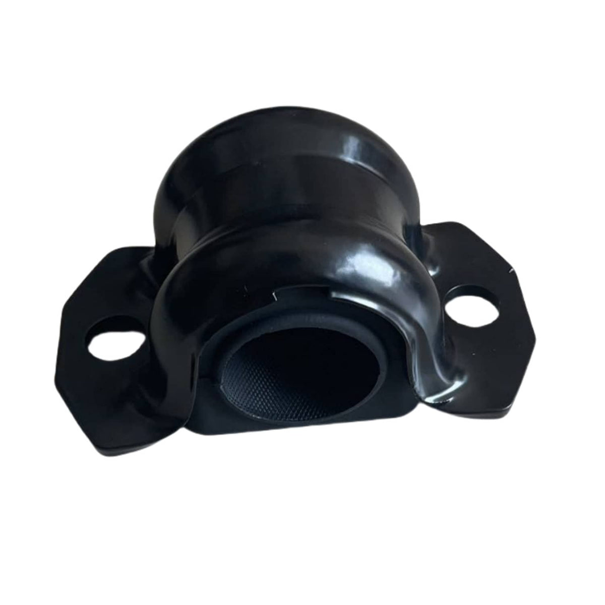 Black sway bar bushing with mounting holes and inner bushing texture