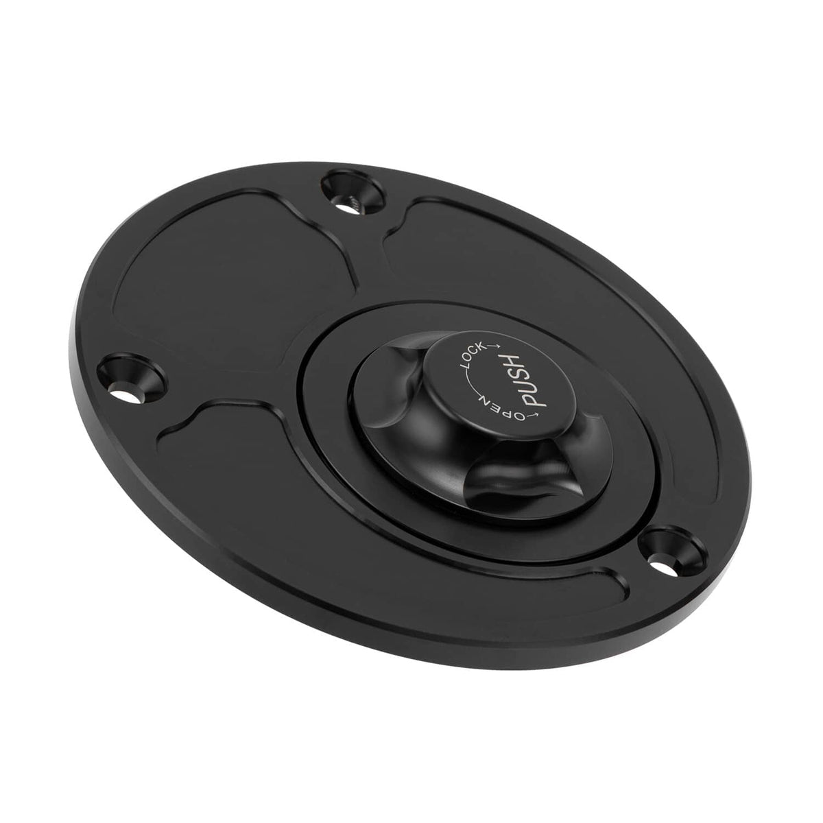 Black round fuel tank cap with locking insert and mounting holes