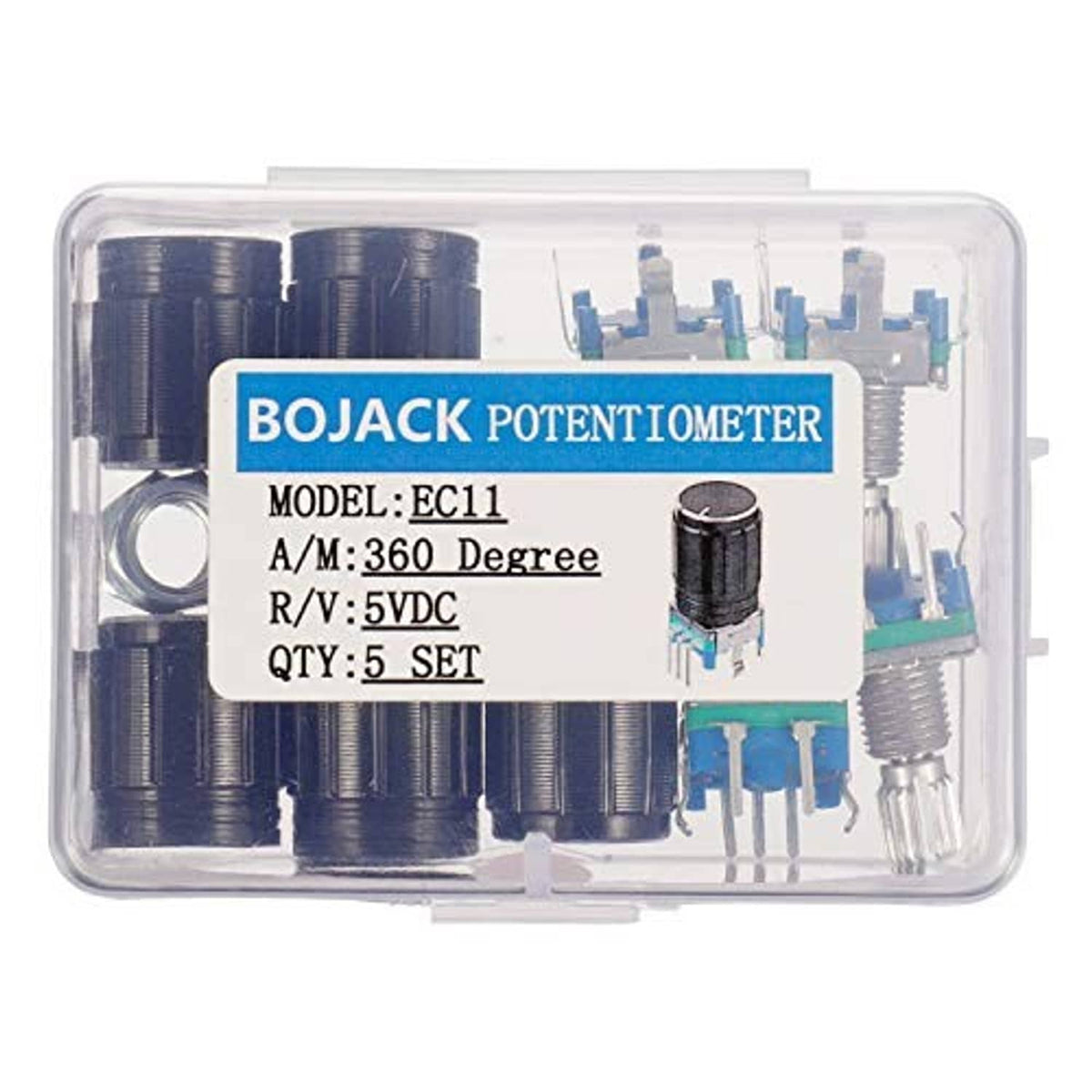 Clear storage case labeled BOJACK POTENTIOMETER EC11 with black 5-pin rotary encoder parts.
