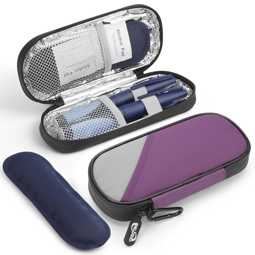 Insulin cooler travel case, purple and gray, open lid with foil-lined compartments and strap