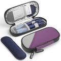 Insulin cooler travel case, purple and gray, open lid with foil-lined compartments and strap
