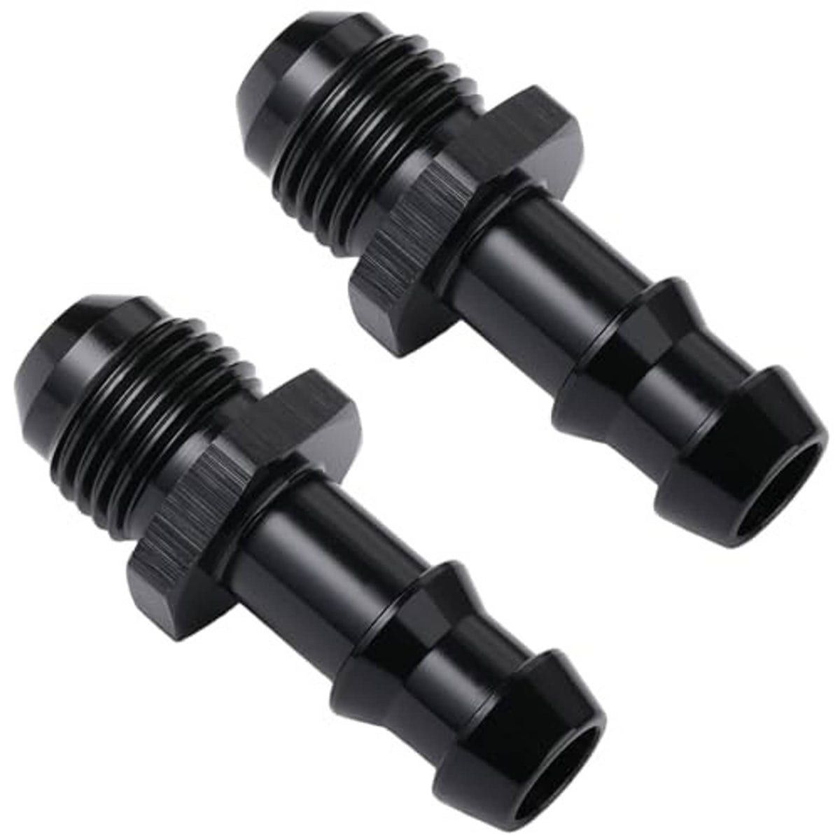 Black 6AN-to-3/8 straight hose barb male fittings, two-piece set